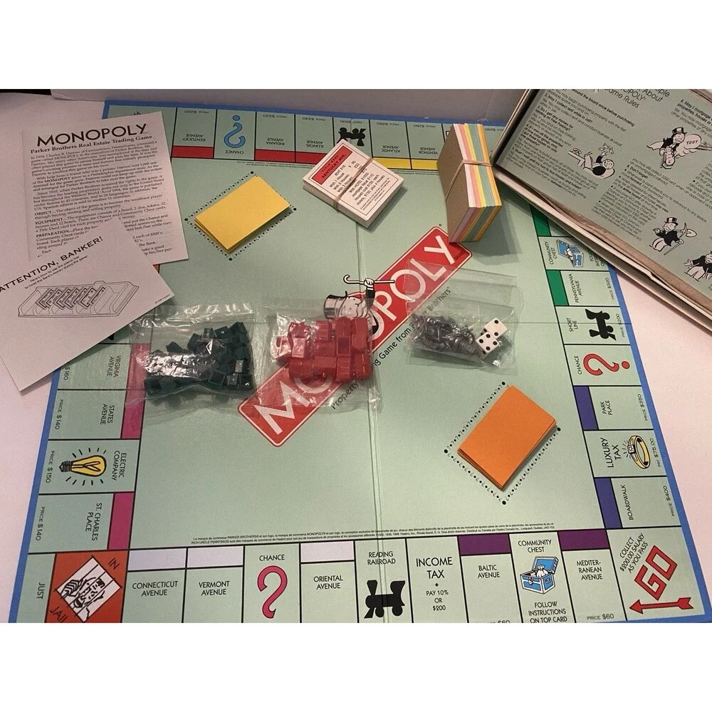 1998 Monopoly Board Game Parker Brothers w/ New Moneybag token Some Parts Unused